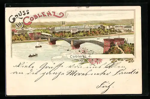 Lithographie Coblenz, Ortsansicht mit Brücke und Schloss von oben