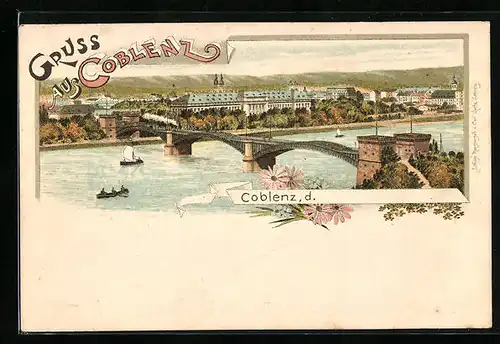 Lithographie Koblenz, Stadtpanorama, Ruderboot