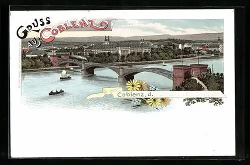 Lithographie Coblenz, Flusspartie mit Brücke