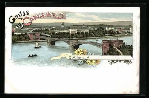 Lithographie Coblenz, Flusspartie mit Brücke