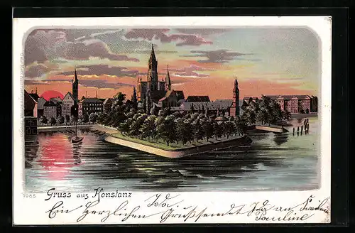 Lithographie Konstanz, Panorama mit Münster mit untergehender Sonne