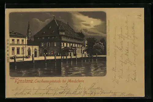 Mondschein-Lithographie Konstanz, Conciliumsgebäude vom Wasser gesehen