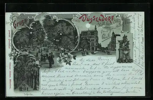 Mondschein-Lithographie Düsseldorf, Elberfelderstrasse, Tonhalle mit Besuchern, Seufzerallee