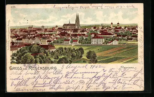 Lithographie Regensburg, Panorama mit Blick zur Kirche