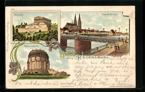 Lithographie Regensburg, Blick auf Walhalla, Befreiungshalle und Eiserne Brücke