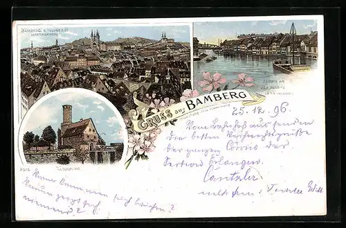 Lithographie Bamberg, Regnitzpartie, Ortsansicht von der Martinskirche aus