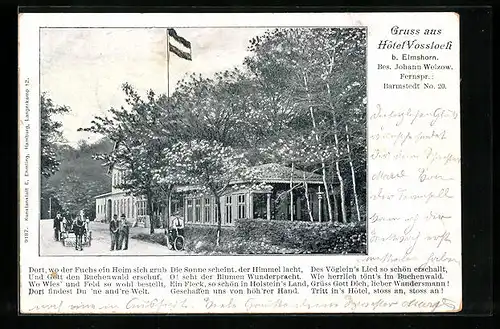 AK Elmshorn, Hotel Vossloch J. Welzow mit Strasse und Kutsche, Dame mit Fahrrad