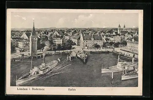 AK Lindau i. Bodensee, Schiffe im Hafen, Stadttotale