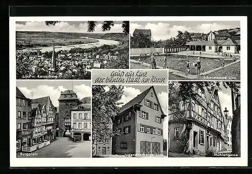 AK Linz am Rhein, Generalansicht v. Kaiserberg aus, auf dem Burgplatz, Jugendherberge, in der Mühlengasse