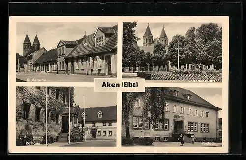 AK Aken a. Elbe, in der Kirchstrasse, auf dem Friedensplatz, vor dem Rathaus, am Postamt