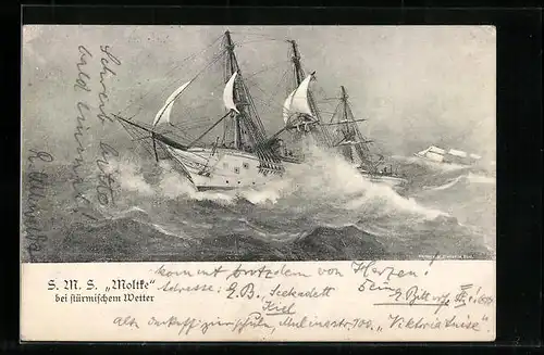 AK Kriegsschiff und Segelschiff S.M.S. Moltke bei stürmischer See
