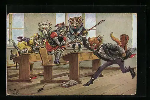 Künstler-AK Arthur Thiele: Klassenzimmer, Leher jagt eine Maus vor den Schülern, vermenschlichte Tiere, Katzen