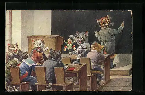 Künstler-AK Arthur Thiele: Vermenschlichte Tiere, Katzen im Klassenzimmer, Lehrer und Kinder