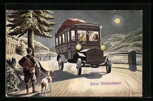 Künstler-AK Autobus voller Reisender, Jäger mit Hund am Wegesrand, K. K Automobilpost, Weihnachtsgrüsse