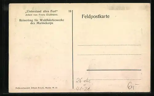 Künstler-AK sign. Franz Eichhorst: Unterstand altes Fort auf dem Kriegsschiff