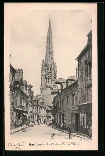 AK Harfleur, le Clocher, la rue Thiers
