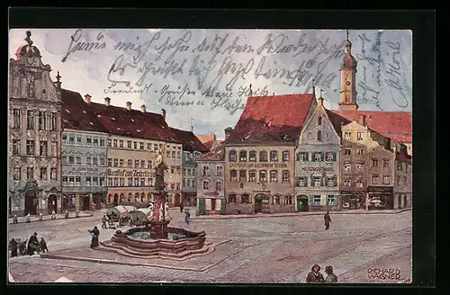 Künstler-AK Landsberg a. Lech, Brunnen auf dem Hauptplatz