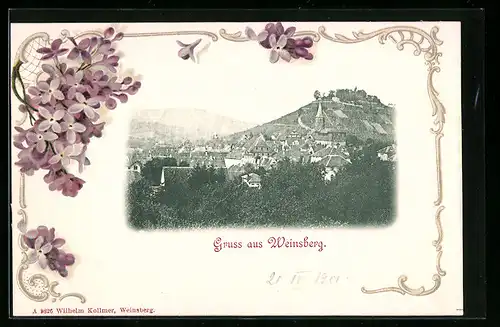 AK Weinsberg a. d. Weibertreu, Stadtpanorama mit der Burg, mit Blumen eingerahmt