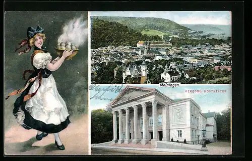 AK Meiningen, Generalansicht, Herzogliches Hoftheater, Frau in Trachtenkleid