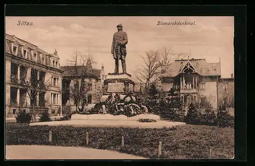 AK Zittau i. S., vor dem Bismarckdenkmal