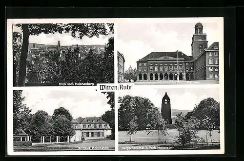 AK Witten a. Ruhr, Blick vom Helenenberg, Parkhaus Hohenstein, Bergerdenkmal I. Park Hohenstein