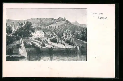 AK Bodman, Segelschiff am Ufer unter dem Hotel am Hang