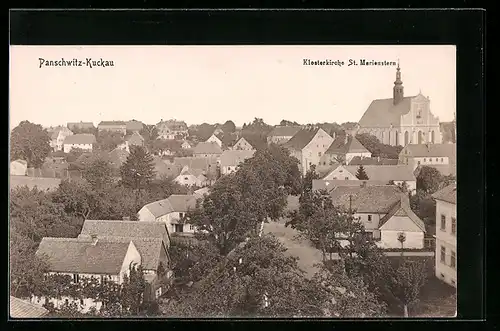 AK Panschwitz-Kuckau, Blick über die Dächer der Häuser zur Klosterkirche St. Marienstern