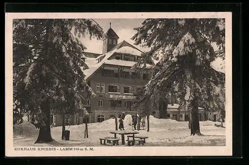 AK Freudenstadt, vor dem eingeschneiten Kurhaus Kniebis-Lamm