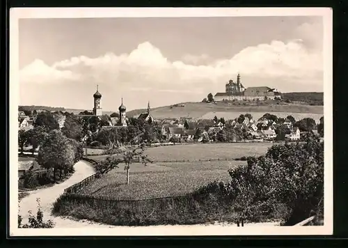 AK Neresheim, Ortsansicht mit der Abtei von Westen