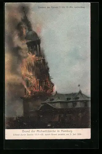 AK Hamburg-Neustadt, Brand der Hauptkirche St. Michaelis 1906-Einsturz des Turmes