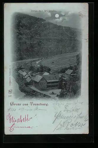 Mondschein-AK Treseburg, Hotel Bad Wildstein bei Nacht