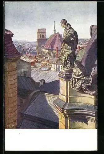 Künstler-AK Olmütz, Blick von den Skulpturen über die Dächer der Stadt
