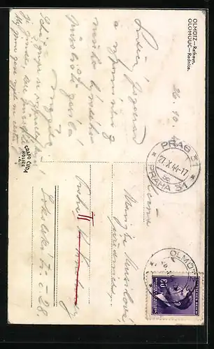 AK Olmütz, an der Mariensäule mit Blick auf das Rathaus