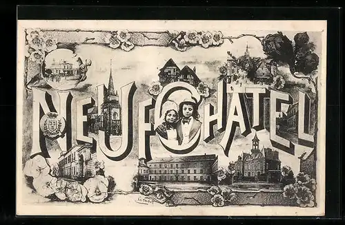 AK Neufchatel, Hotel de Ville, Ecole, L`Eglise, Hotel de Ville