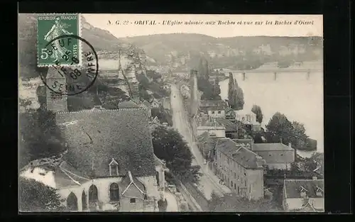 AK Orival, L`Eglise adossee aux Roches et vue sur les Roches d`Oissel