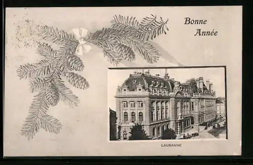 AK Lausanne, Herrschaftliches Gebäude mit Tannenzweigen