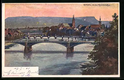 Künstler-AK Basel, Blick auf die drei Rheinbrücken