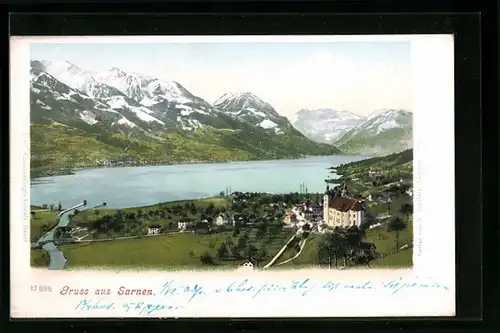 AK Sarnen, Ortsansicht mit Bergkulisse