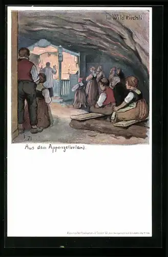 Künstler-AK Wildkirchli /Appenzellerland, Gläubige beim Gebet