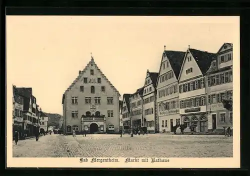 AK Bad Mergentheim, Markt mit Rathaus und Gasthof zum Straussen