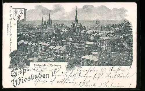Lithographie Wiesbaden, Totalansicht aus der Vogelschau
