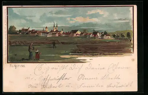 Lithographie Altötting, Blick über die Wiese auf den Ort