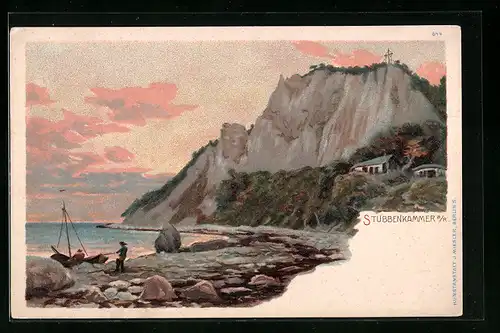 Lithographie Stubbenkammer a. R., Fischerboot, Kreidefelsen