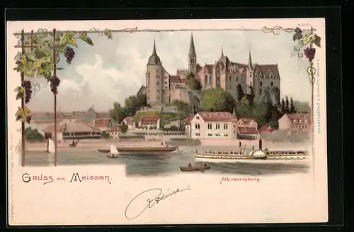 Lithographie Meissen, Albrechtsburg mit Fluss
