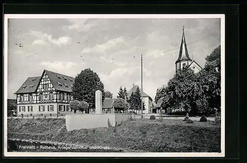 AK Freistett, Rathaus, Kriegerdenkmal und Kirche