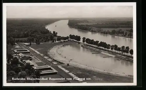 AK Karlsruhe, Rheinstrandbad Rappenwört, Gesamtansicht vom Flugzeug aus