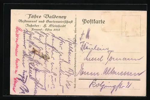 Künstler-AK Baldeney, Fähre Baldeney, Restaurant und Gartenwirtschaft, Bes. H. Kleinheidt