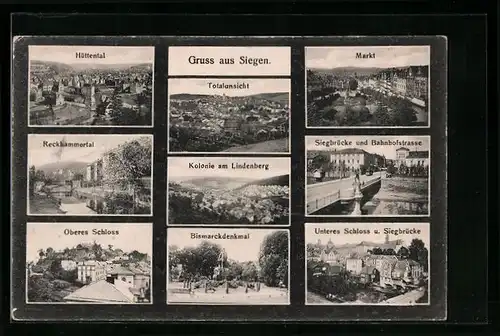 AK Siegen, Totalansicht, Hüttental, Oberes Schloss, Markt, Siegbrücke & Bahnhofstrasse