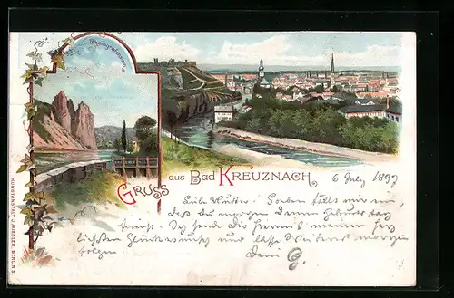 Lithographie Bad Kreuznach, Panorama und Rheingrafenstein