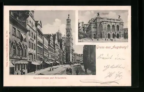 AK Augsburg, Carolinenstrasse und Perlachturm, Theater